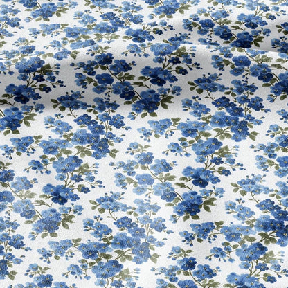 100% LINEN Fabric Block print Forget me not flower - botanical upholstery home textile artisan fabrics blue white 2913