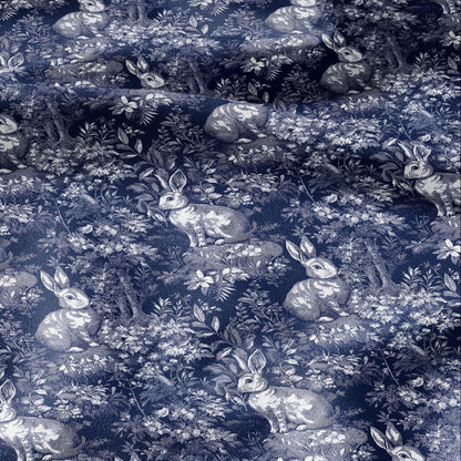 100% LINEN Fabric Toile de Jouy Rabbit - indigo blue botanical fabric - French linen floral for upholstery dress making cushion curtains