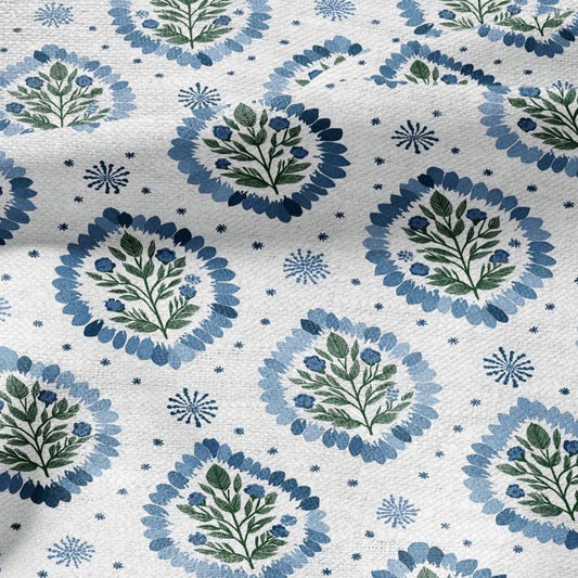 100% LINEN Fabric Block print Floral - modern vintage botanical flower upholstery home textile artisan green blue white 2762