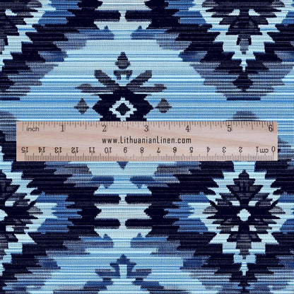 100% LINEN Fabric Ikat blue print - Modern vintage floral for upholstery dressmaking curtains home textile 2367