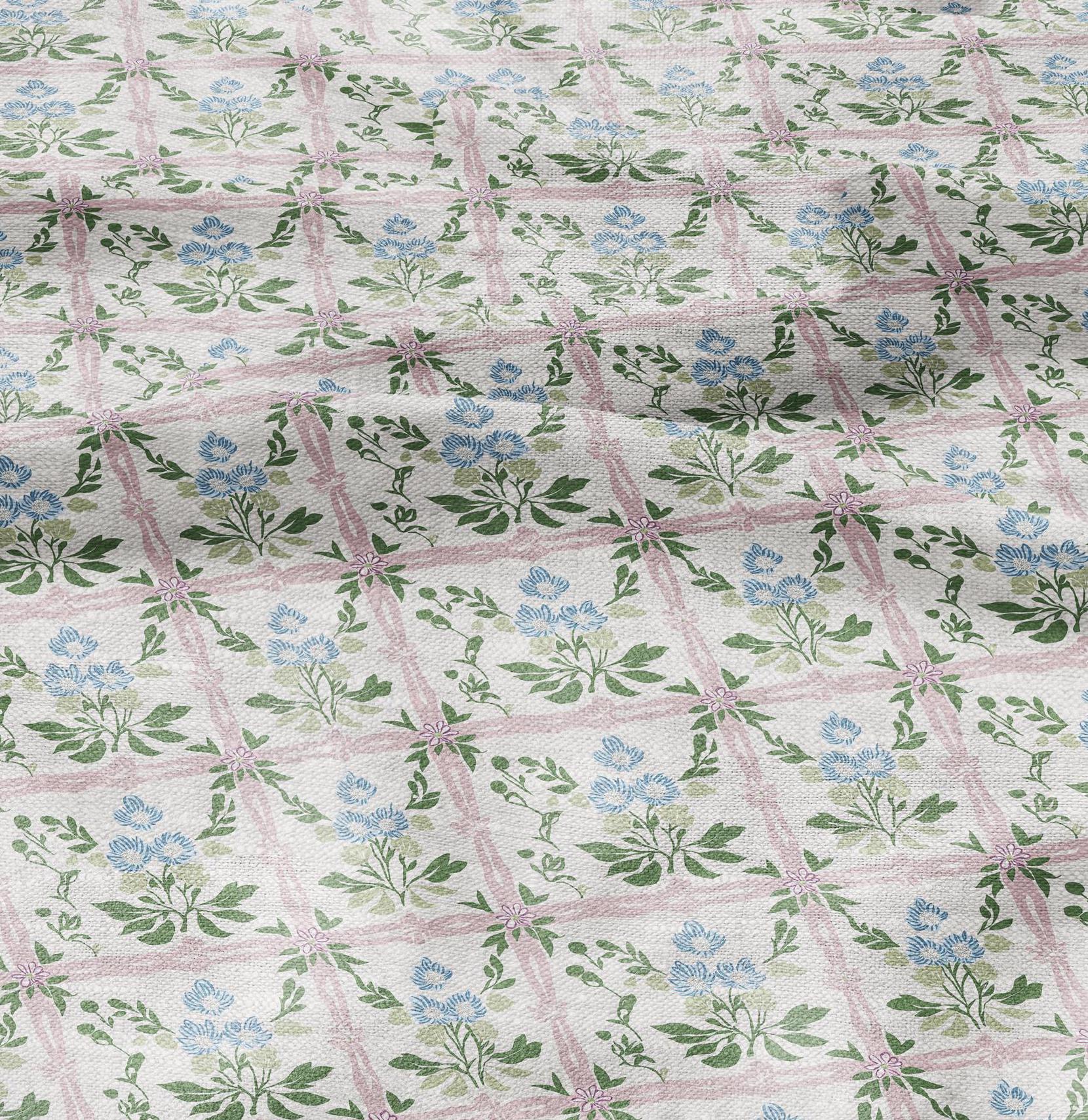 100% LINEN Fabric block green blue pink on white - linen fabric with botanical print - linen fabric for upholstery home decor dress making