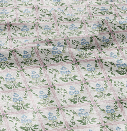 100% LINEN Fabric block green blue pink on white - linen fabric with botanical print - linen fabric for upholstery home decor dress making