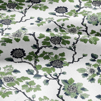 100% LINEN Fabric Leaves tree green print - Mid-century modern botanical stripe upholstery home textile artisan green white 2918