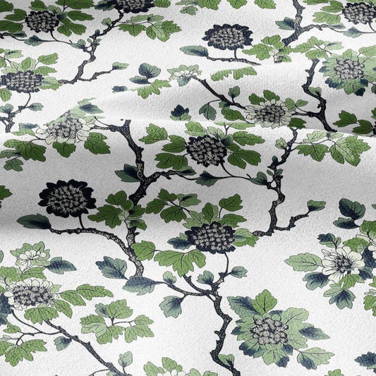 100% LINEN Fabric Leaves tree green print - Mid-century modern botanical stripe upholstery home textile artisan green white 2918