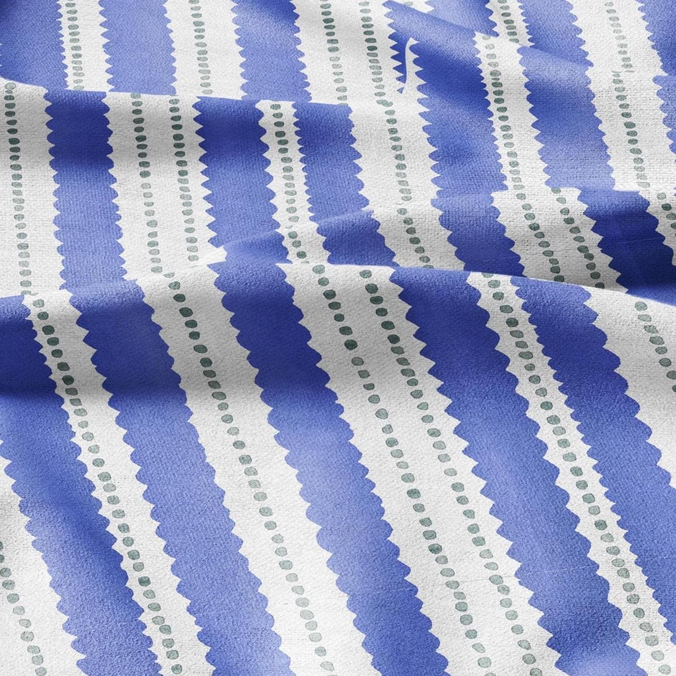 100% LINEN Fabric Scalloped stripe print - retro blue dot stripe - for upholstery home decor - medium for dress making 2884B