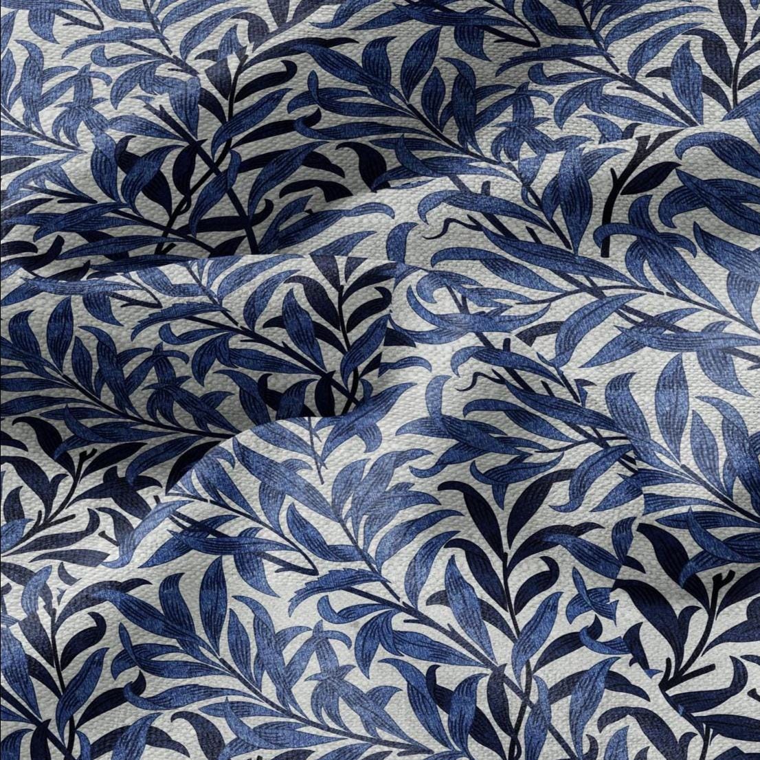 100% LINEN Fabric William Morris Bough Willow - oatmeal natur linen fabric with botanical print - Victorian Art Craft Historical blue 3212