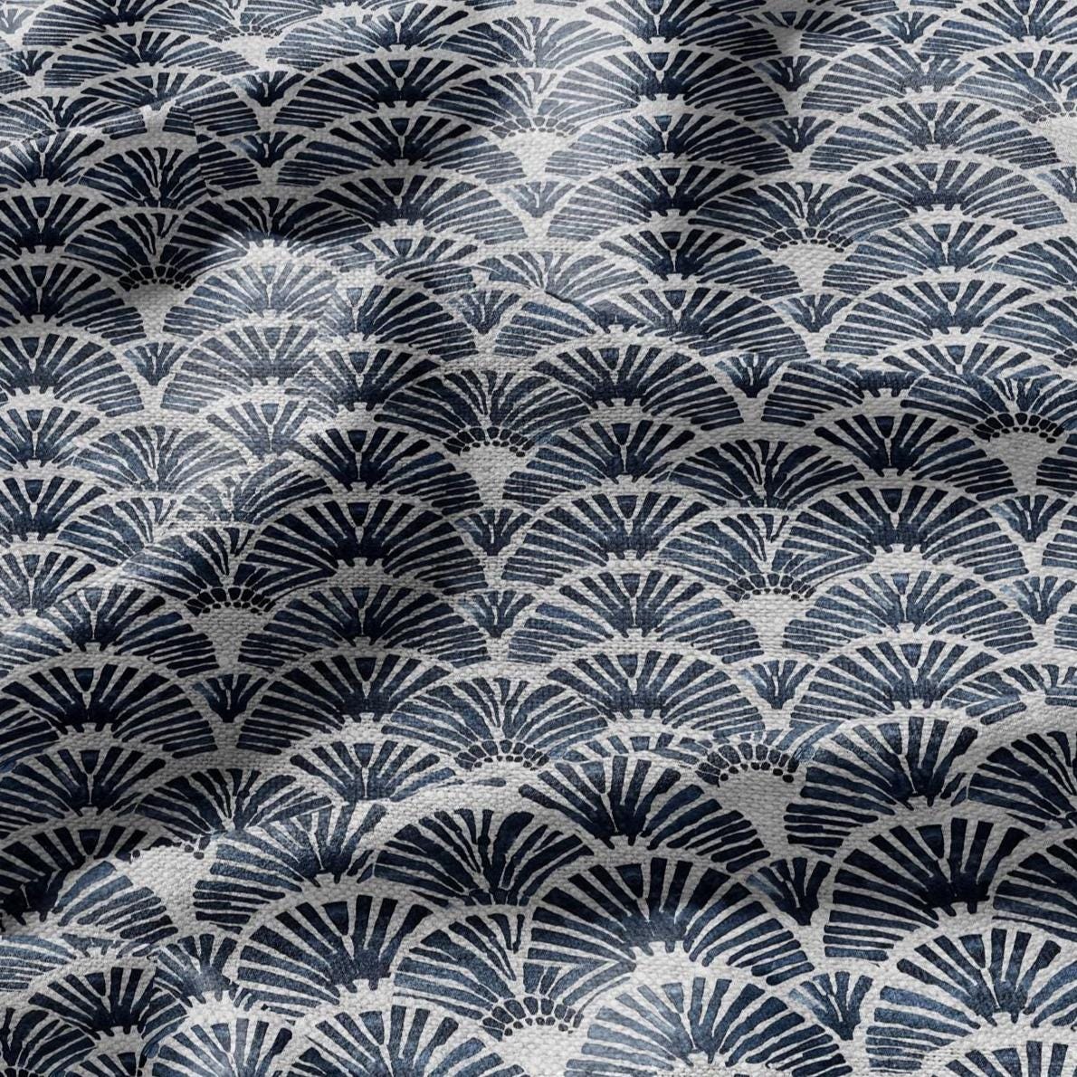 100% LINEN Fabric Block print blue fan - oatmeal linen fabric with japanese print - heavy for home decor clothing 2363