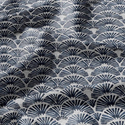 100% LINEN Fabric Block print blue fan - oatmeal linen fabric with japanese print - heavy for home decor clothing 2363