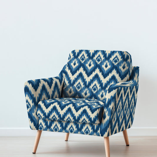 100% LINEN Fabric UPHOLSTERY 12oz - Ikat beige blue - Modern Vintage Grandmillennial geometric upholstery 2980
