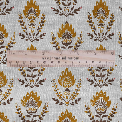 100% LINEN Fabric mustard yellow block print on oatmeal natur linen - floral French - heavy upholstery home decor - medium dress making 2373