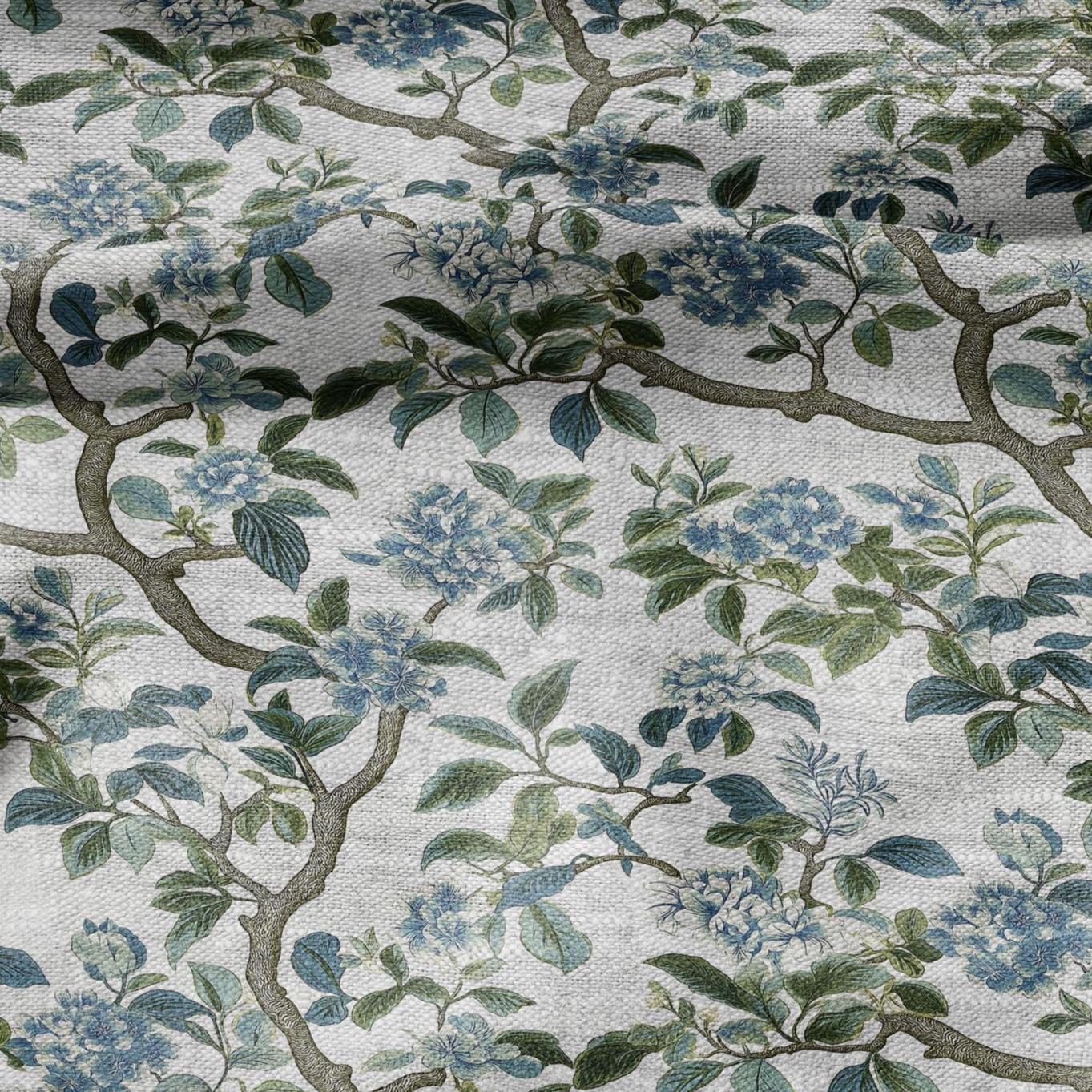 100% LINEN Fabric tropical flower print - floral green blue gray print on oatmeal linen for home decor sewing dress clothing 2370
