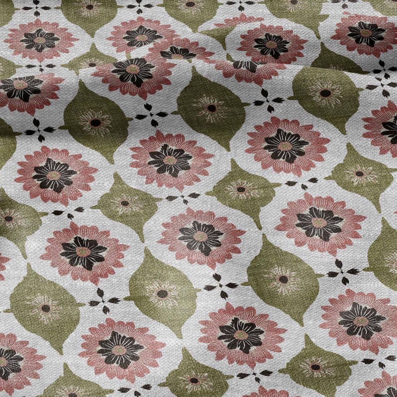 100% LINEN Fabric Retro naive flower print - green pink gray  - for upholstery home decor - medium for dress making 2908