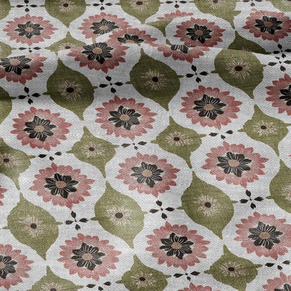 100% LINEN Fabric Retro naive flower print - green pink gray  - for upholstery home decor - medium for dress making 2908