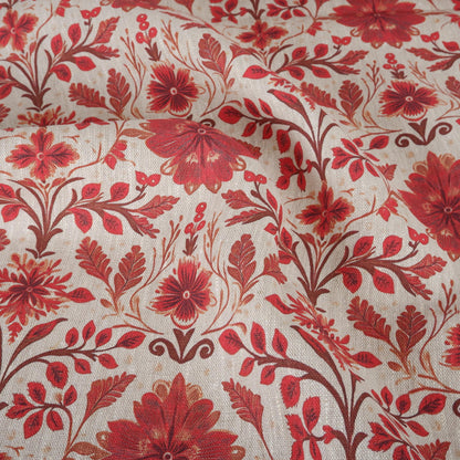 100% LINEN Fabric red floral print on oatmeal natur linen - love red flower fabric - French linen floral upholstery dress making 2036