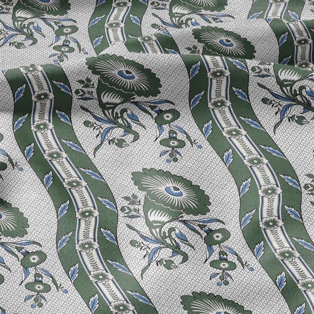 100% LINEN Fabric Vintage floral squilr stripe print - Modern botanical - Victorian Art Craft yellow green 3166