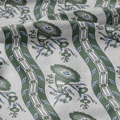 100% LINEN Fabric Vintage floral squilr stripe print - Modern botanical - Victorian Art Craft yellow green 3166