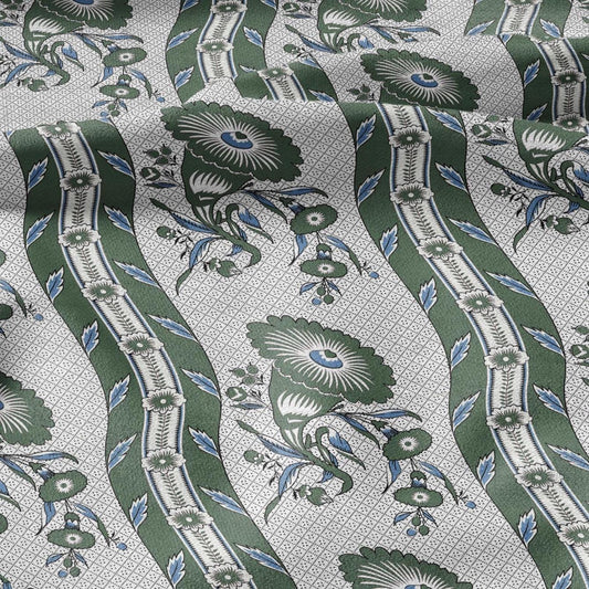100% LINEN Fabric Vintage floral squilr stripe print - Modern botanical - Victorian Art Craft yellow green 3166