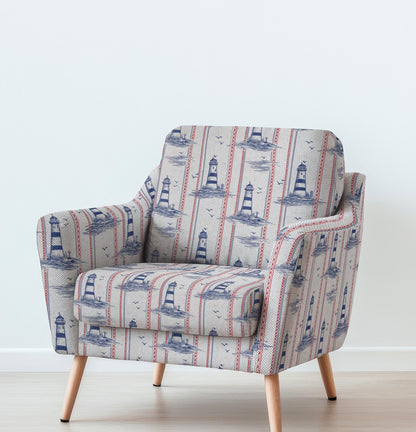 100% LINEN Fabric UPHOLSTERY 12oz - lighthouse blue red print on linen - Modern vintage Victorian coastal marine upholstery 2777