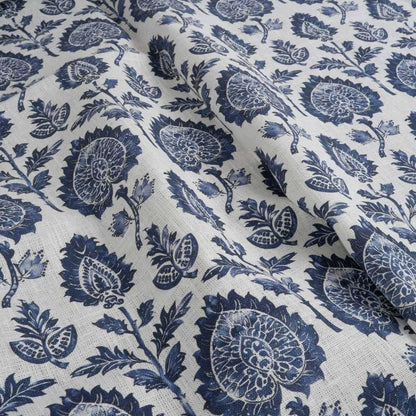 100% LINEN Fabric block print indigo blue on white - floral print heavy linen fabric for upholstery home decor sewing 2009