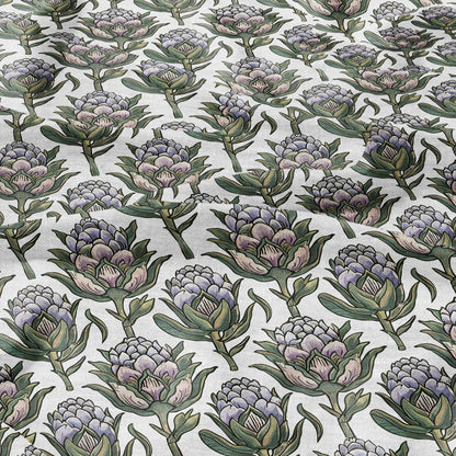 100% LINEN Fabric block print Artichoke - oatmeal natur linen fabric with blue floral print - heavy linen fabric for upholstery home decor
