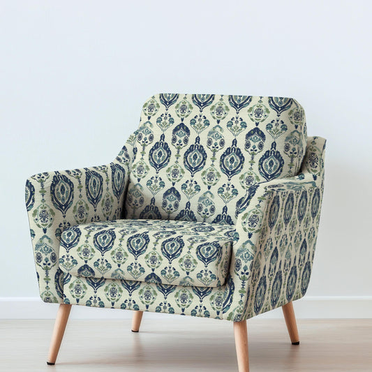 100% LINEN Fabric UPHOLSTERY 12oz - 2098 - Block print blue beige print on linen - Modern vintage pattern