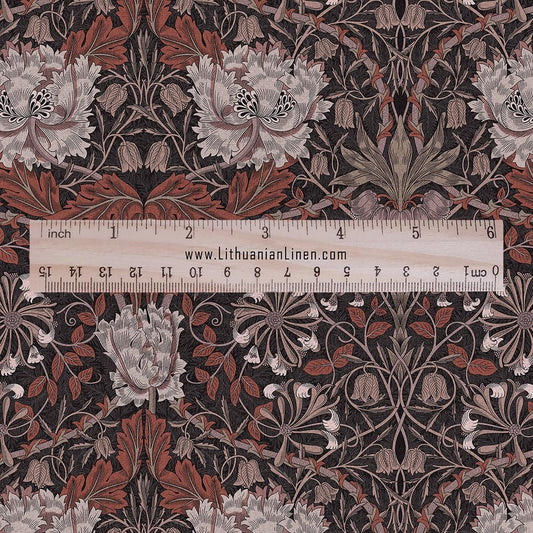 100% linen fabric William Morris Honeysuckle brown print - Victorian Art crafts - Historical pattern fabric upholstery dress making 2979B