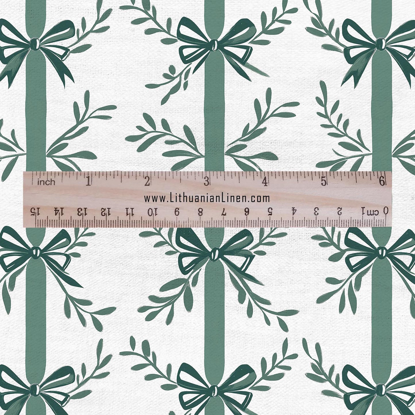 100% LINEN Fabric Green bow block print on white -  heavy linen fabric for upholstery home decor or medium for dress making 2129