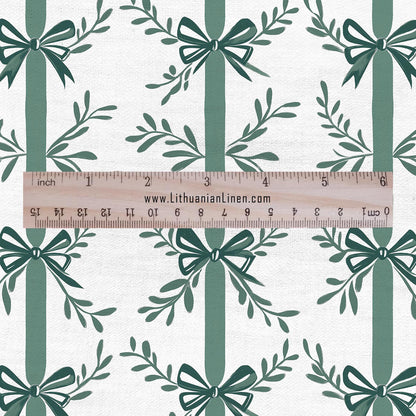 100% LINEN Fabric Green bow block print on white -  heavy linen fabric for upholstery home decor or medium for dress making 2129