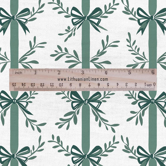 100% LINEN Fabric Green bow block print on white -  heavy linen fabric for upholstery home decor or medium for dress making 2129
