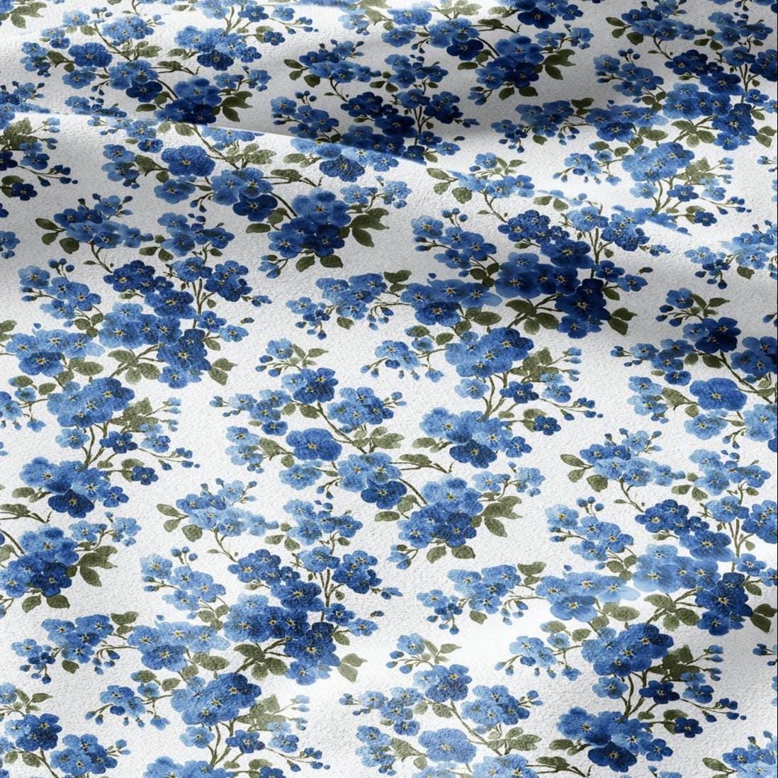 100% LINEN Fabric Block print Forget me not flower - botanical upholstery home textile artisan fabrics blue white 2913
