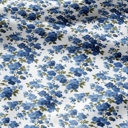 100% LINEN Fabric Block print Forget me not flower - botanical upholstery home textile artisan fabrics blue white 2913