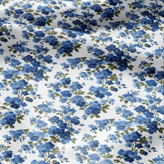 100% LINEN Fabric Block print Forget me not flower - botanical upholstery home textile artisan fabrics blue white 2913