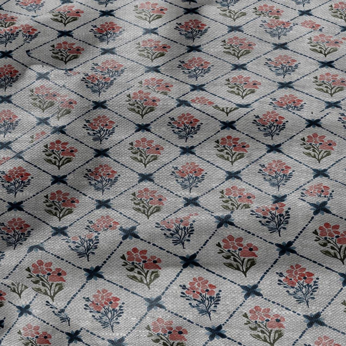 100% LINEN Fabric Rhomb trellis floral geometric print - oatmeal linen fabric botanical - heavy for home decor clothing 3093