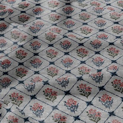 100% LINEN Fabric Rhomb trellis floral geometric print - oatmeal linen fabric botanical - heavy for home decor clothing 3093