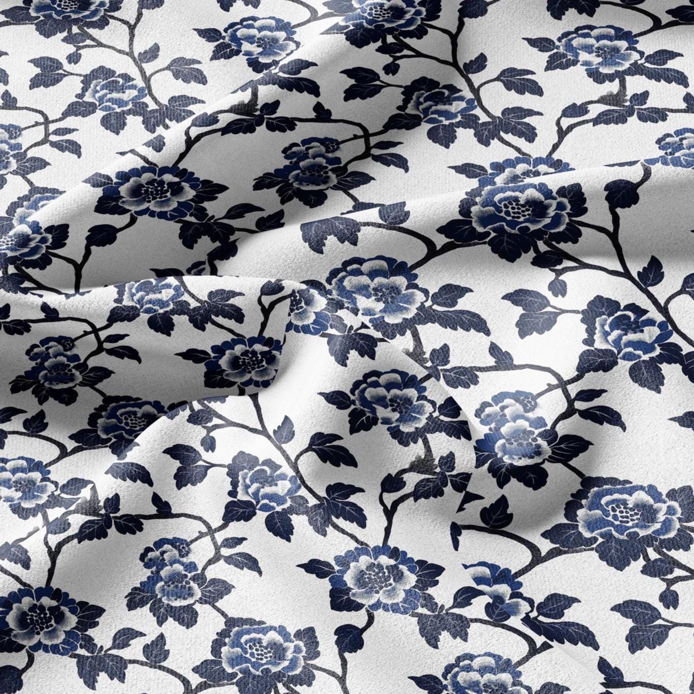 100% LINEN Fabric Blue flower print linen - indigo floral for upholstery home decor dress making 2364