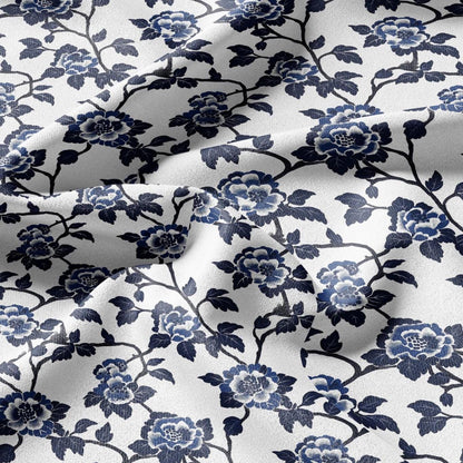100% LINEN Fabric Blue flower print linen - indigo floral for upholstery home decor dress making 2364