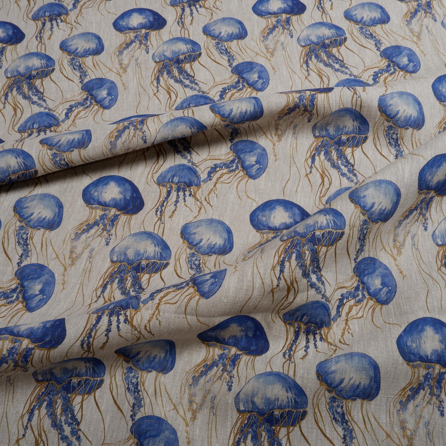 100% LINEN Fabric Jellyfish print, oatmeal linen fabric with blue grey coastal print for upholstery home decor Nautical Marine