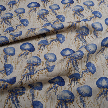 100% LINEN Fabric Jellyfish print, oatmeal linen fabric with blue grey coastal print for upholstery home decor Nautical Marine