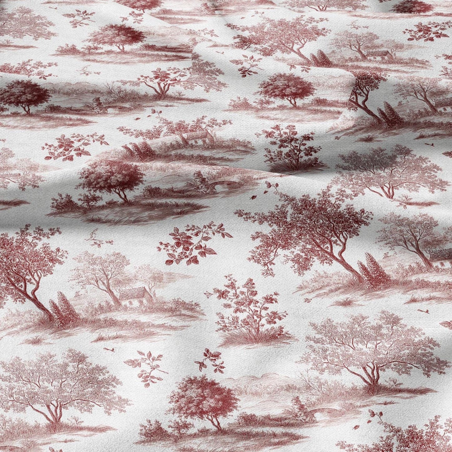 100% LINEN Fabric Countryside landscape - toile de jouy red white print linen heavy for upholstery home decor - medium for dress making 2838