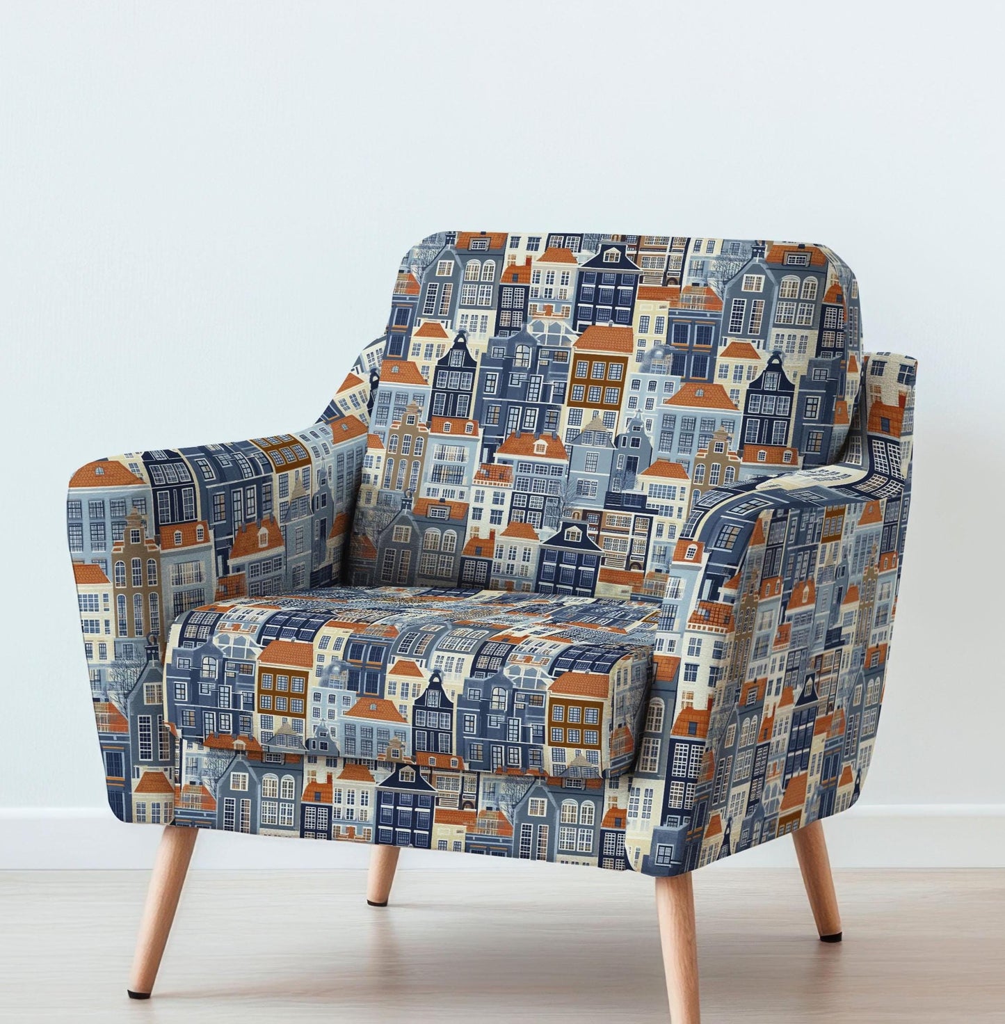 100% LINEN Fabric UPHOLSTERY 12oz - Amsterdam houses on linen - Holland Grandmillenial - landscape upholstery 2264