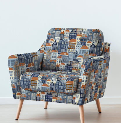 100% LINEN Fabric UPHOLSTERY 12oz - Amsterdam houses on linen - Holland Grandmillenial - landscape upholstery 2264