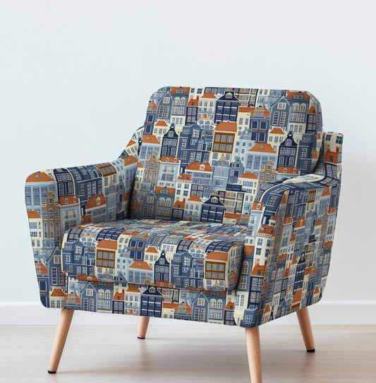 100% LINEN Fabric UPHOLSTERY 12oz - Amsterdam houses on linen - Holland Grandmillenial - landscape upholstery 2264