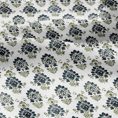 100% LINEN Fabric block print green petrol on white - floral print heavy linen fabric for upholstery home decor 2010