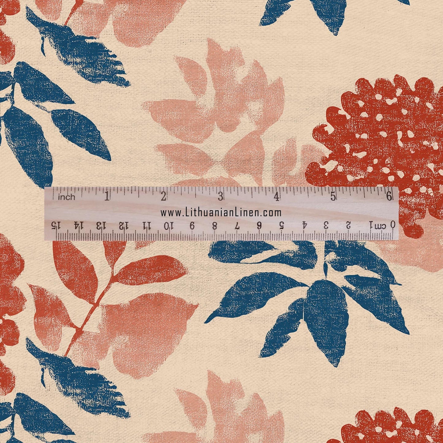 100% LINEN Fabric Ixora blossom print -  red pink floral linen heavy for upholstery home decor - medium for dress making 2805