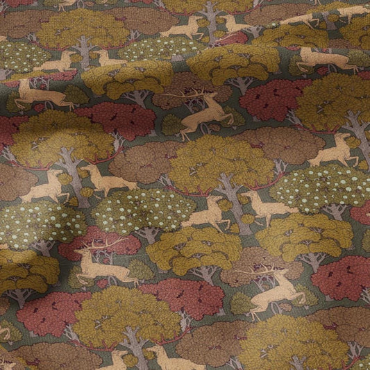 100% linen Deer prints fabric for Curtain Upholstery Cushion - Autumn trees print fabric for dress making sewing