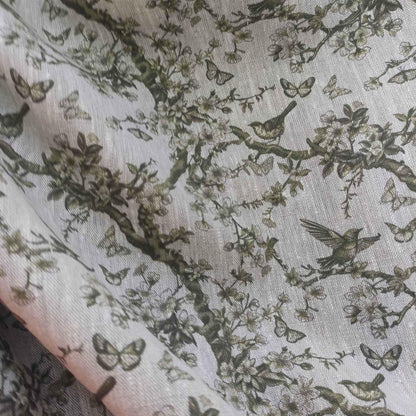 100% LINEN Fabric Toile de Jouy green, oatmeal natur linen fabric with green print, French linen fabric upholstery trees branches with birds