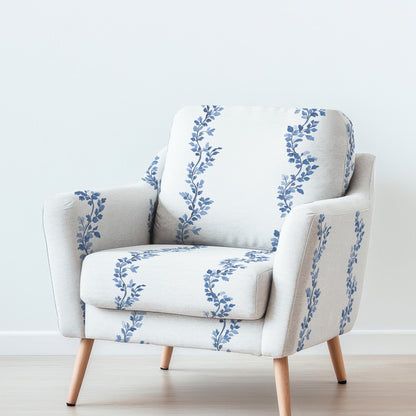 100% LINEN Fabric UPHOLSTERY 12oz - Floral stripe blue white - Modern Vintage Grandmillennial floral upholstery 2710