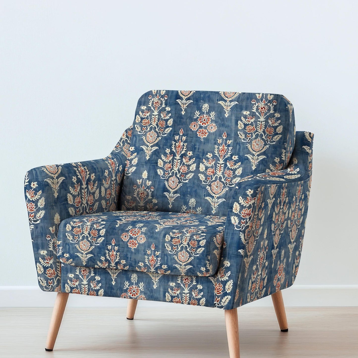 100% LINEN Fabric UPHOLSTERY 12oz - Blue red block print Indian large on white linen - Modern vintage Grandmillennial  upholstery 322L