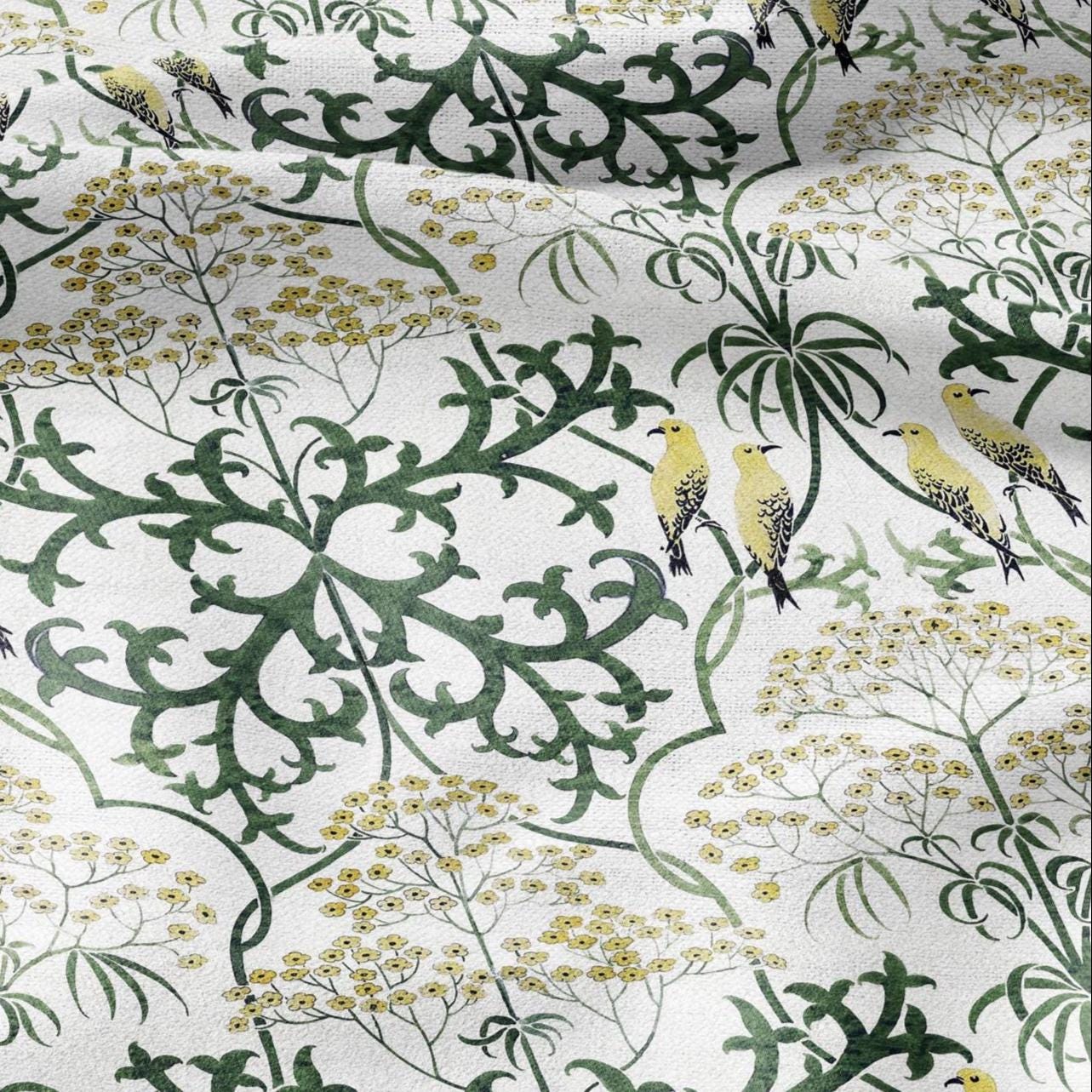 100% linen fabric - Yellow Birds in tansy field by Voysey - Victorian Art crafts - Historical pattern home decor dress making 3003