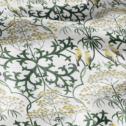 100% linen fabric - Yellow Birds in tansy field by Voysey - Victorian Art crafts - Historical pattern home decor dress making 3003